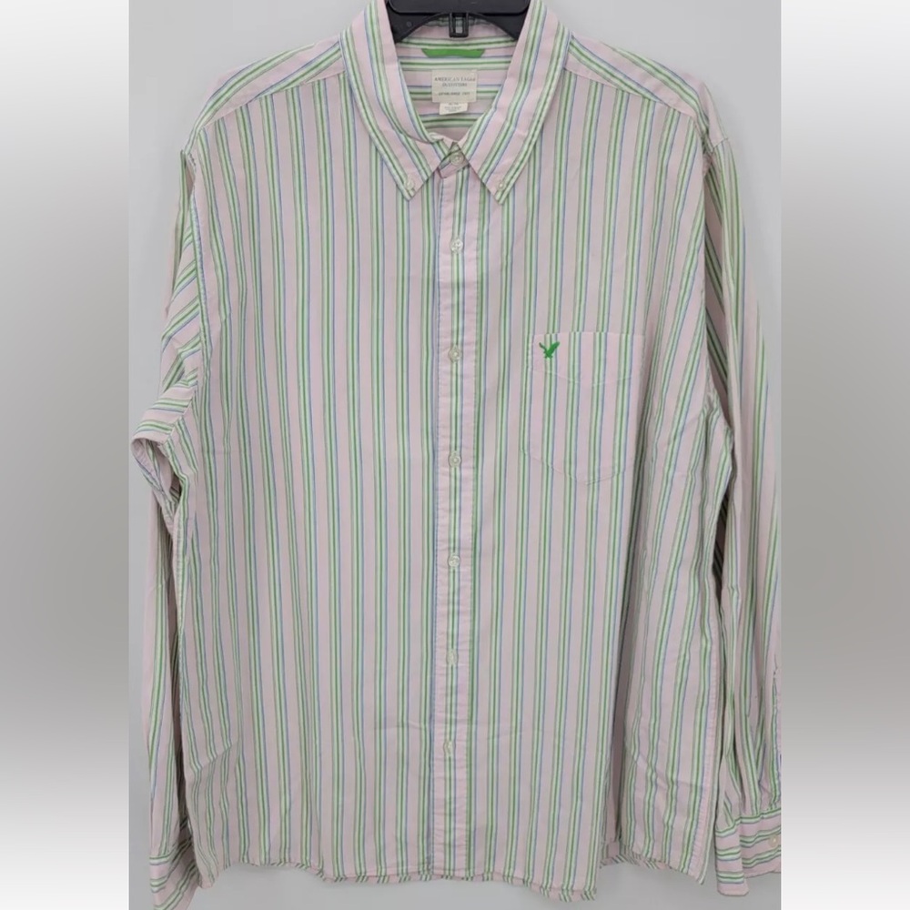 American Eagle Men’s Button Down Long Sleeve Shirt Large Pink Green Stripes